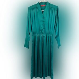 Vintage 80s Halston Heritage Emerald Green Long Sleeve Satin Dress